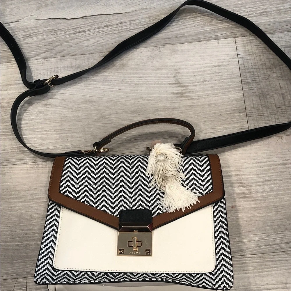 Aldo Black & White Chevron Crossbody Bag with Brown Trim